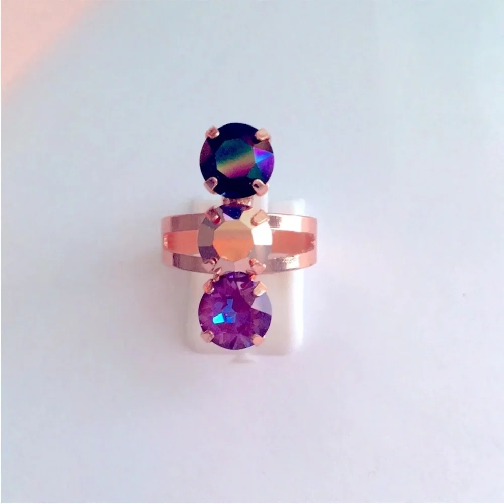 Gold, Iridescent Black + Burgundy Rose Gold Crystal Ring